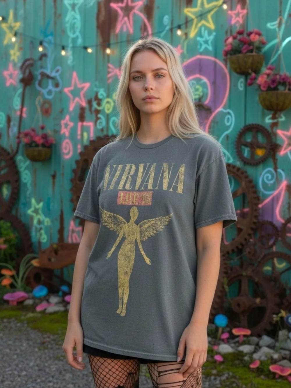 NIRVANA Charcoal Tee with Gold Angel Graphic
